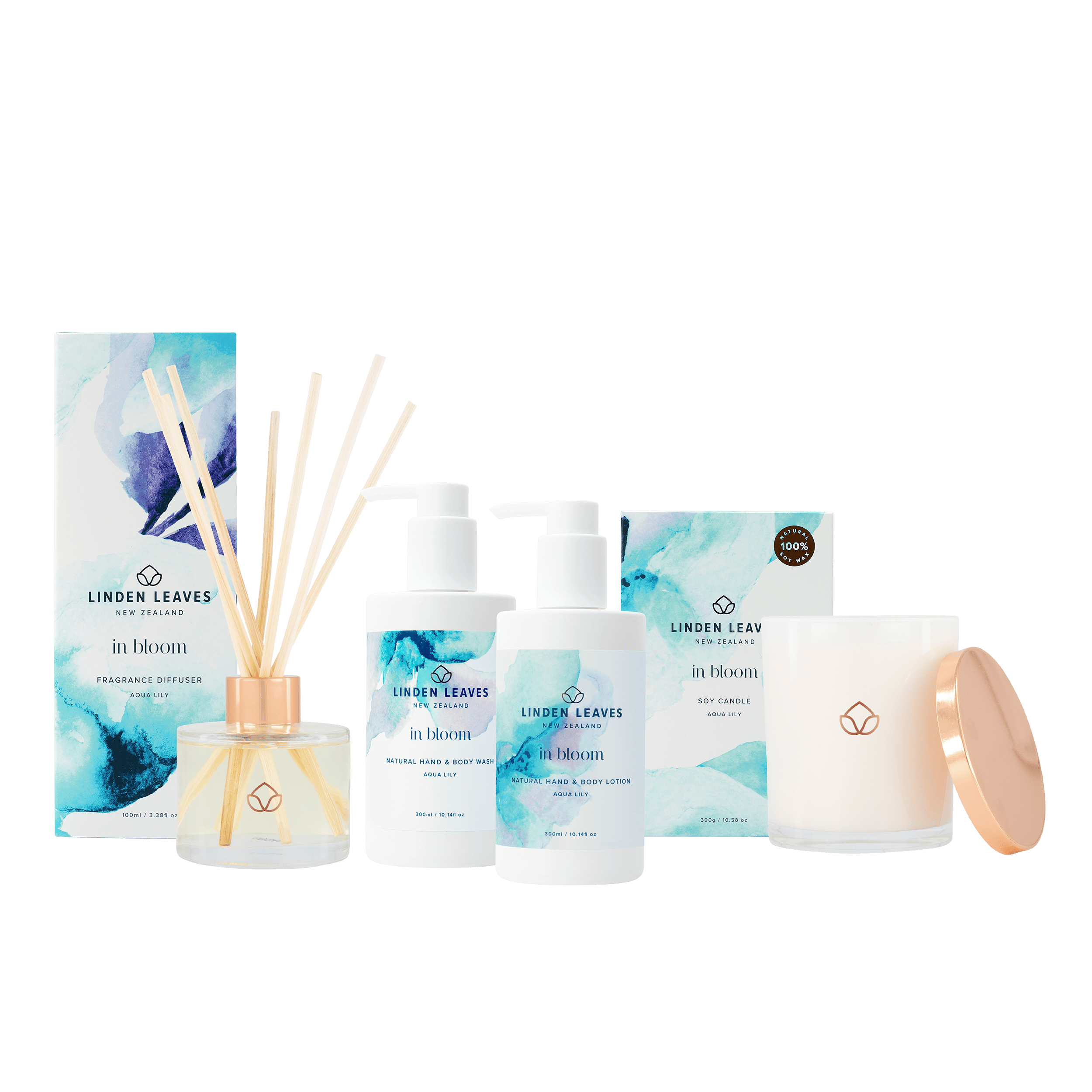 Aqua Lily Soy Candle, Fragrance Diffuser, Hand & Body Lotion & Hand & Body Wash