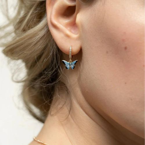 Enamel Blue Butterfly Huggie Earrings by Fable England