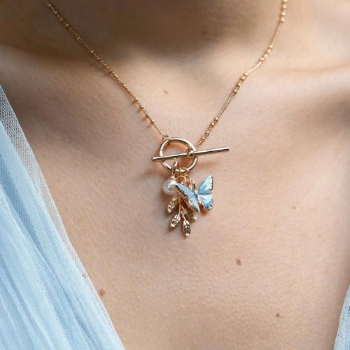 Enamel Blue Butterfly & Leaf Charm Necklace by Fable England